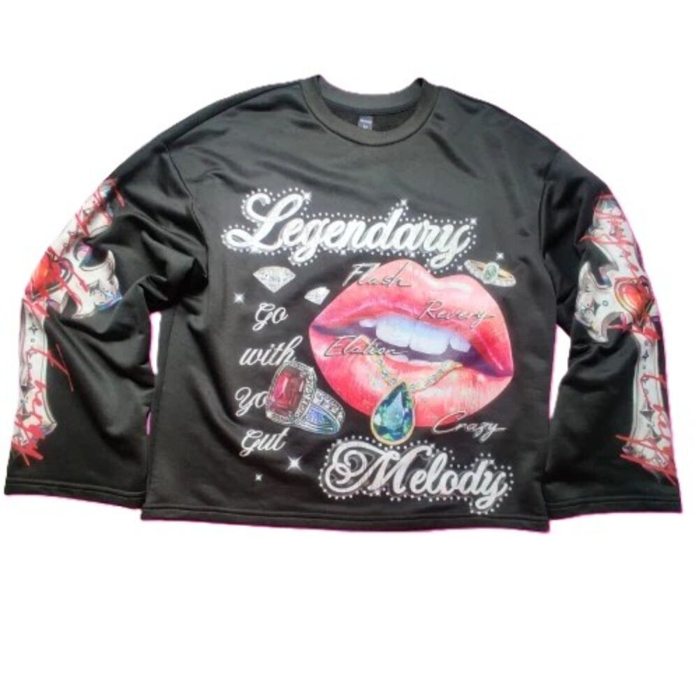 ROMWE Black Graphic Long Sleeve Crop Top Gothic Lips Sword Print Women’s M